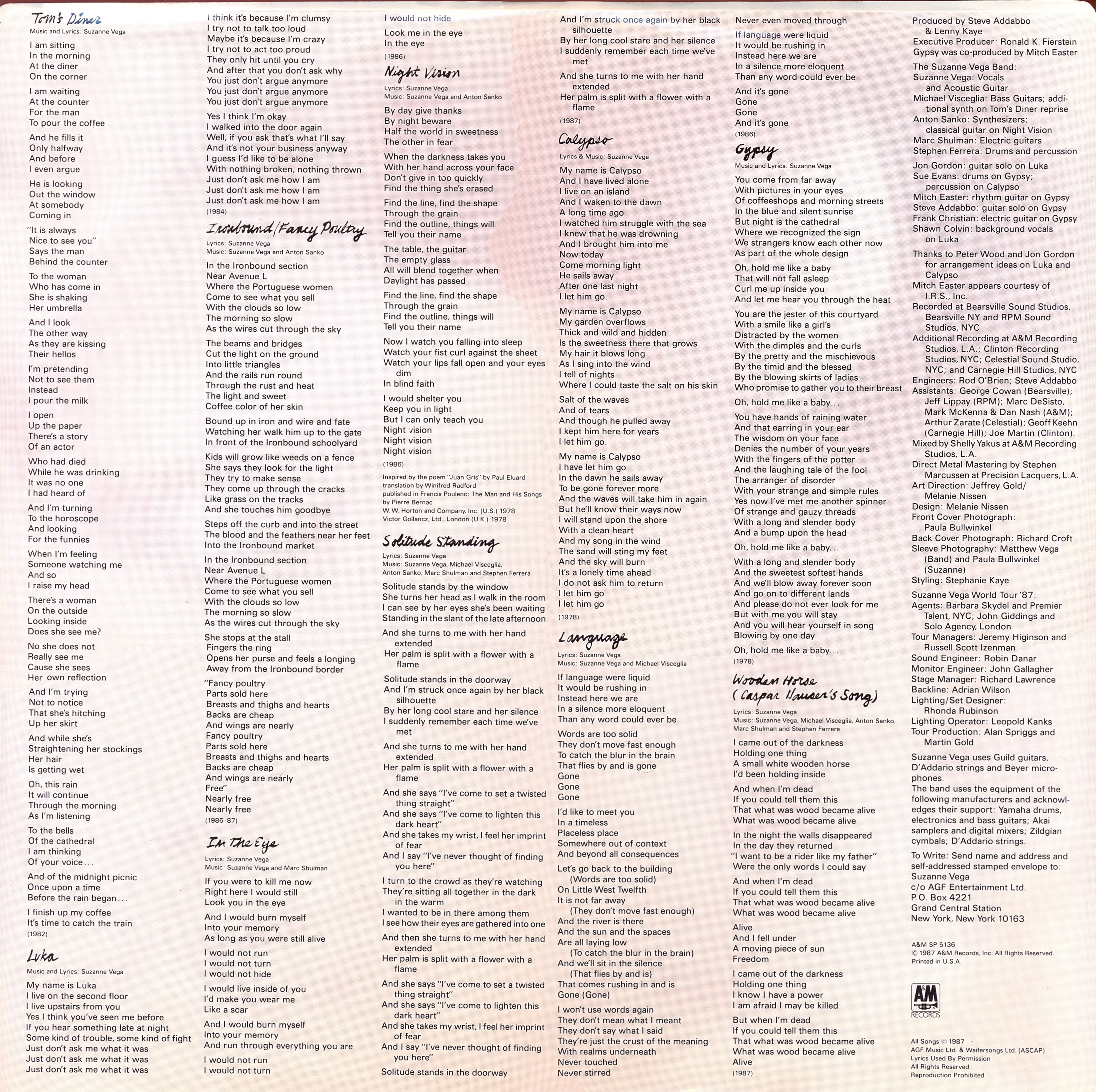 Suzanne Vega  Solitude Standing : LP Inlay 1